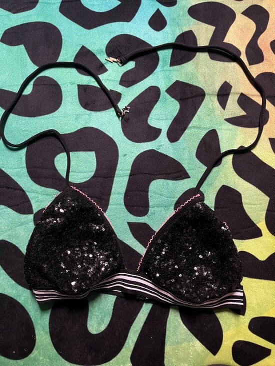 Victoria's Secret Other - VICTORIA’S SECRET THE TEENY TRIANGLE BLACK SEQUIN UNLINED BIKINI BRA TOP MEDIUM